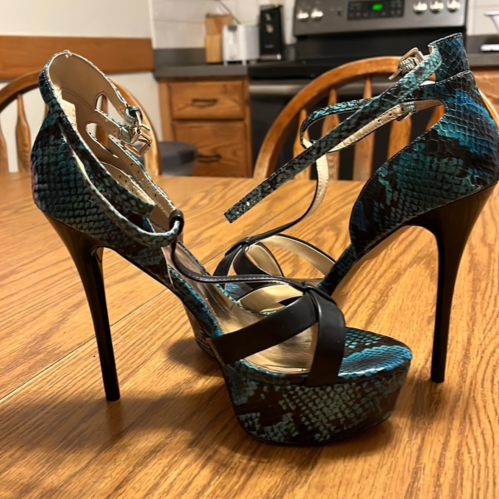 Blue snake print heels